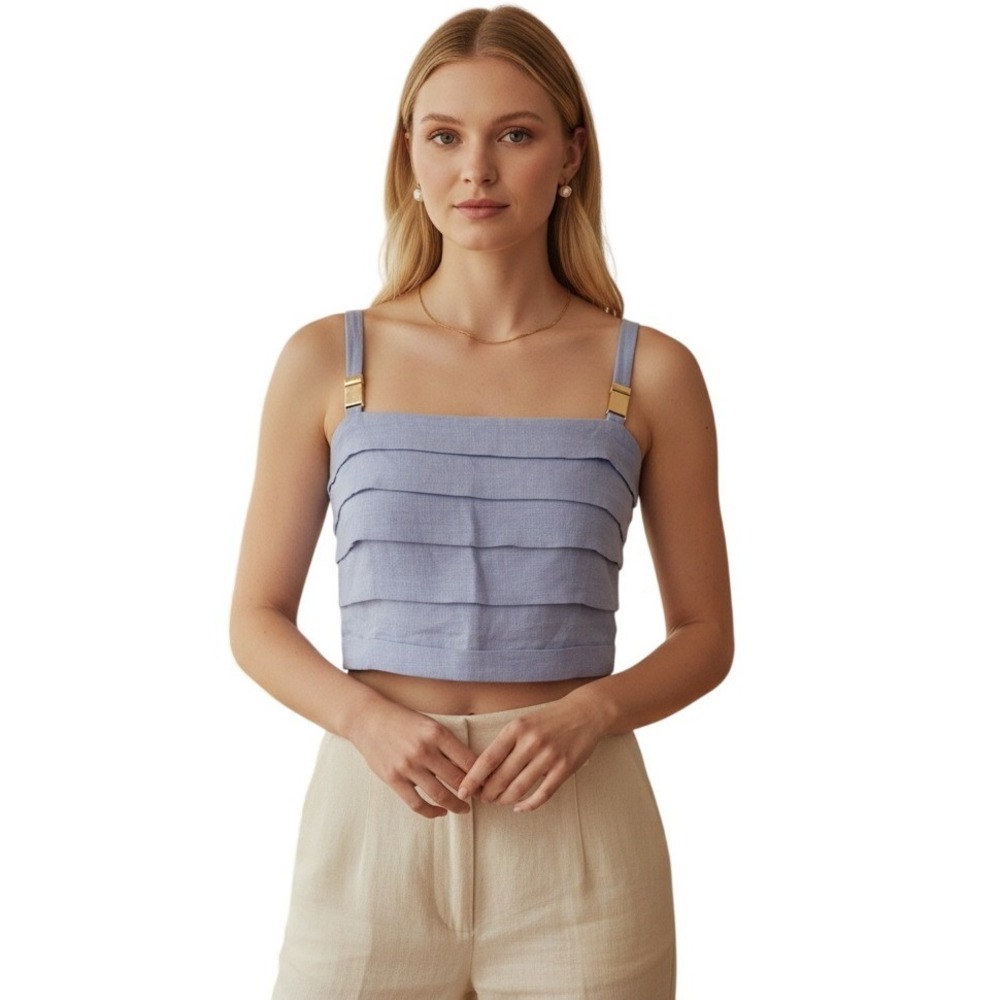 Vix Paulahermanny Blue Ruffled Corset Top Camisole Crop Chambray $268